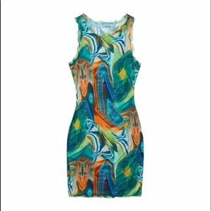 New Woman’s Bohemian Lettuce Trim Marble Acrylic Pour Print Bodycon Dress